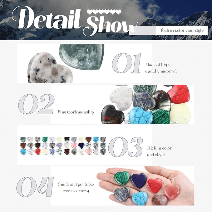 Nuenen 40 Pcs 1 Inch Worry Stone Bulk Crystals Heart Shaped Rock Tiny Trinkets Stone Inspirational Healing Crystal Gemstone Love Carved Rock Mom Women