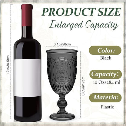 18 Pack Plastic Goblets 10oz Upgrade Vintage Water Goblet Plastic Wine Glasses Colored Retro Embossed Glassware for Party Wine Bar Juice Baby Shower Wedding Reception Grand (Black)