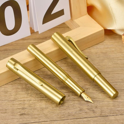 Hongdian M2 Black Forest Mini Fountain Pen, Medium Soft Golden Nib & Sleek Shape Brass Short Pocket Travel Pen (Glossy Brass)