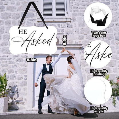 2 Pcs Acrylic Wedding Sign, Ring Bearer Sign, Rustic Wedding Decor Signs, Acrylic Wall Art With Ribbon for Chairs Weddings Decor and Event Party - He Asked She Said About Damn Time (White)
