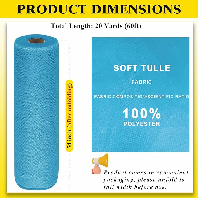 54" by 20 Yards Tulle Fabric Rolls Turquoise Tulle Ribbon Tutu Spool Bolt for DIY Wedding Decoration Baby Shower Tutu Skirt Gift Wrapping Large Matte Tulle, Roll Packaging (Turquoise)