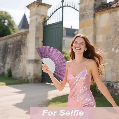 48 Pack Handheld Fan,Folding Hand Glitter Fan with Shining Transparent Fan Rib – Ideal for Wedding, Church, Festival, Dance, Tea Party, Club, and EDM Accessories, Purple