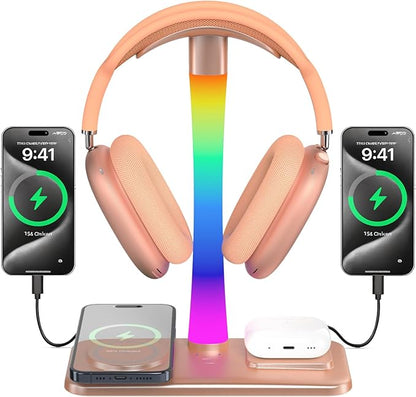 Headphone Stand with Wireless Charger,Gaming HeadsetStand with RGB Light Mode,Airpod MaxStand Compatible with Airpod Pro/3/2,iPhone 16/15/14/13/12/11,Samsung,Gifts for Gamers & Music Lover (Gold)