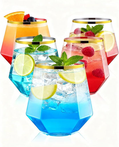 40 PCS Clear & Gold Rim 12 Oz Plastic Wine Whiskey Glasses, Diamond Stemless Unbreakable Disposable Wine Glasses for Party, Ideal for Beach Holidays,Halloween, Christmas, Weddings,Daily Use