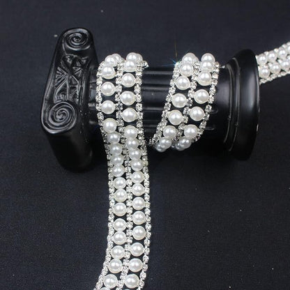 PEARLY JUN 2 Yards Pearl Rhinestone Trim Chain Silver Crystal Fringe Diamond Applique Ribbon String Tassel Strip for Sewing Wedding Dress Crafting Crafts Flower Embellishments