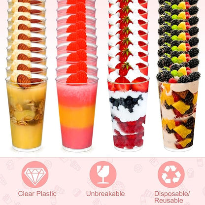 CHENGU 3 oz Clear Plastic Mini Dessert Cups with Spoons - Round Parfait Appetizer Cups, Shot Glasses, Disposable Tall Tumbler for Dessert Tasting Party supplies (200 Pieces)