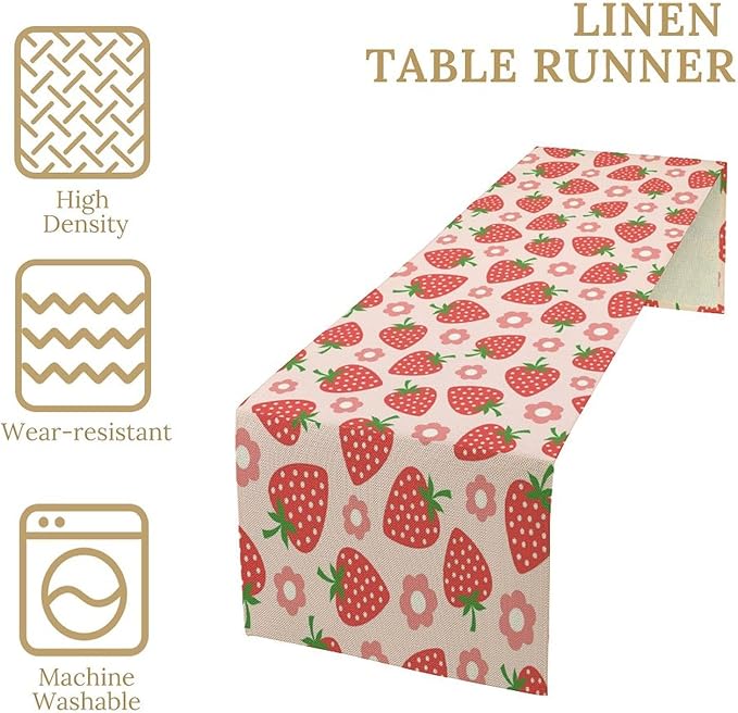 Strawberry Table Runner Spring Summer Fruit Pink Berry Forest Garden Dinner Runner for Girl Baby Shower Party Holiday Home Kitchen Dining Table Decor 13x90