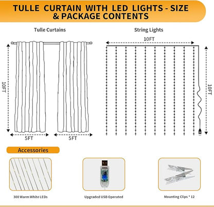Lavender Tulle Backdrop Curtain with Lights String - 10x10ft Sheer Backdrop with 300 LEDs for Wedding, Baby Shower, Bridal Shower, Birthday Party Photo Shoot Background and Home Decorations