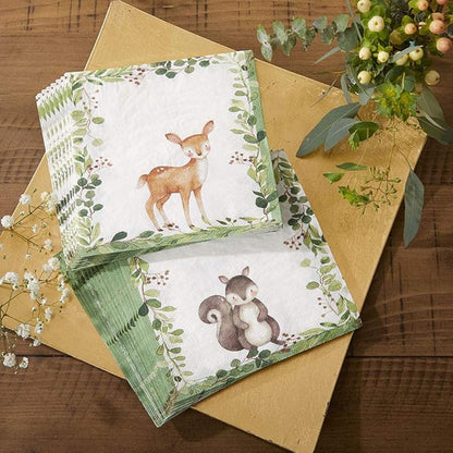 Kate Aspen Woodland Baby Shower Decorations, 62-Piece Disposable Paper Plates & Napkins Party Supplies for 16 Guests - Woodlands Animals Theme for Baby Boy Shower Table Decorations, Gender Reveal