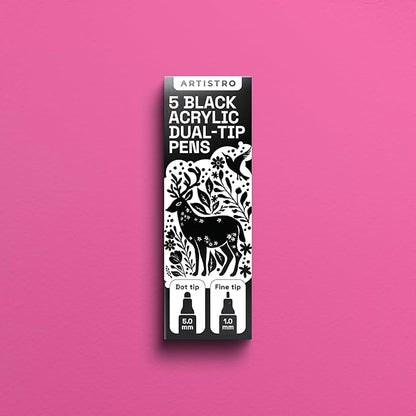 ARTISTRO 5 Black Dual-Tip Acrylic Paint Pens for Rock, Ceramic, Glass, Wood, Fabric - Black Markers for Acrylic Painting, 5mm Dot + 1mm Fine Tips