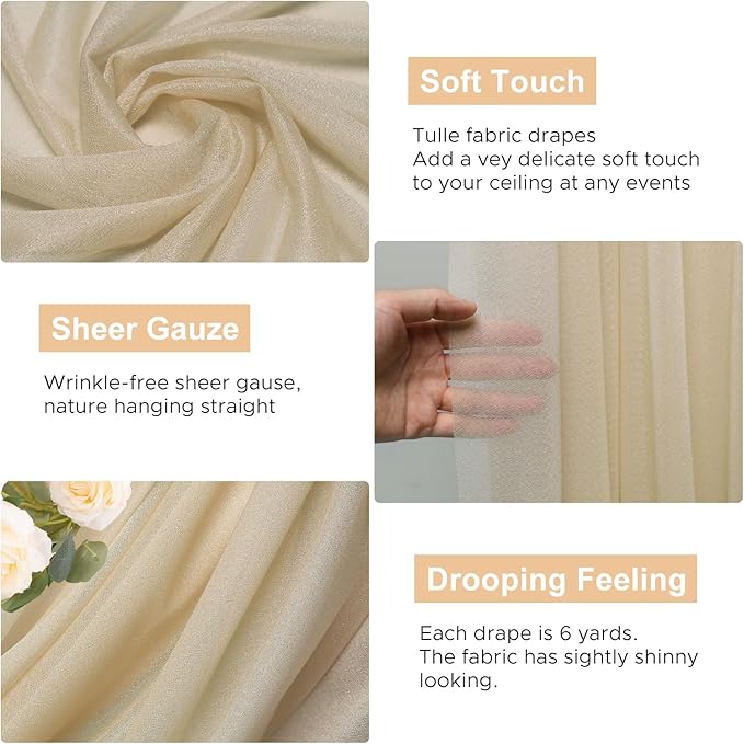 Wokceer Champagne Wedding Arch Draping Fabric Backdrop 3 Panels 28.7" X 20FT Sheer Drapes Fabric for Wedding Arbor Ceremony Party
