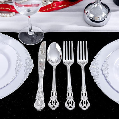 200PCS Silver Plastic Cutlery - Vintage Silver Disposable Silverware - Heavyweight Plastic Utensils with 100 Forks, 50 Knives, 50 Spoons For Catering, Parties, Dinners and Weddings