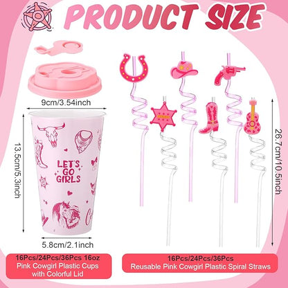 Yungyan 36 Sets Pink Cowgirl Party Favors Goodie Cups with Lids and Straws for Halloween Party Decorations Reusable 16oz Plastic Candy Cups Plastic Straws for Birthday Gift(Pink Cowgirl)