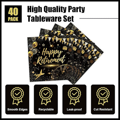 40pcs Happy Retirement Party Supplies Decorations Set, Black Gold Happy Retirement Plates and Napkins for Men and Women, Suitable for 20 Guests
