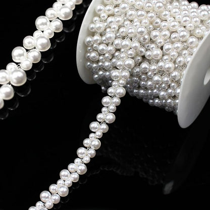 2 Yard Pearl Trim Chain String Silver Applique Fringe Ribbon Strips Beads Sewing Dress DIY Party Wedding Bouquet for Decoration Bridal Costume Embellishment