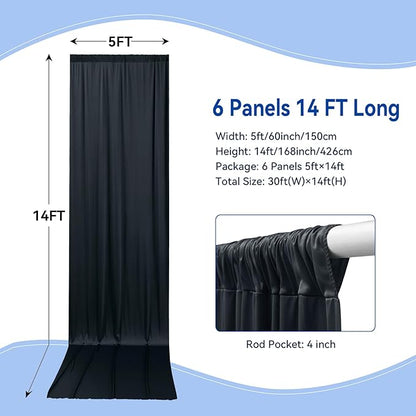 30×14ft Wrinkle Free Black Backdrop Curtain for Parties Wedding,6 Panels 5×14ft Height Soft Silky Polyester Photo Backdrop Drapes for Birthday Graduation Photography Stage Event Background Cloth