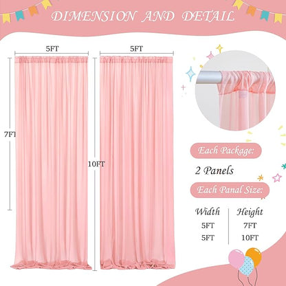 Wish Care 10ft x 10ft Baby Pink Chiffon Backdrop Curtain with Lights String for Parites Wedding Wrinkle Free Curtain Photo Backdrops Drapes for Baby Shower Birthday Party Home Decorations