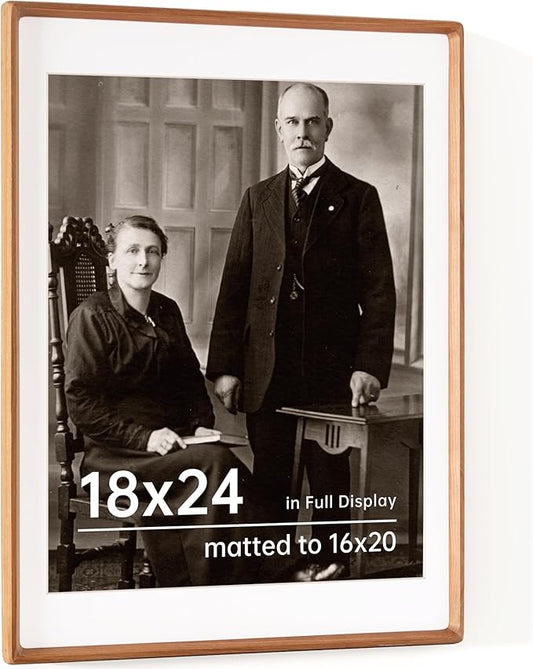 18x24 Picture Frame USA-Sourced Natural Cherry Wood Solid Original Wood Photo Frame Rounded Corner with Mat to 16x20 Picture Display with Real Glass Family Picture, Wedding Picture, Photo, Certificate