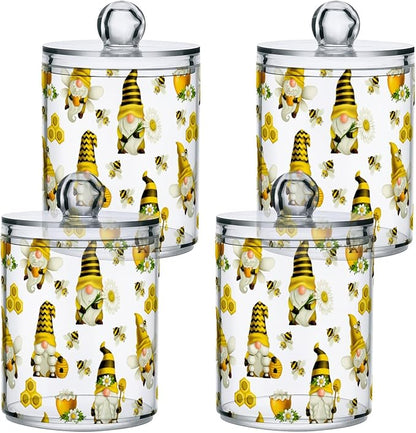 Qtip Holder Dispenser 2 Pack Gnome Bees Flying Dwarf Daisy Apothecary Jars with Lids Bathroom Vanity Countertop Canister Storage Organizer for Cotton Ball,Swabs,Pads,Floss