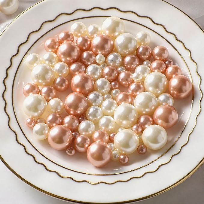 200 Pcs Vase Filler Beads White and Rosegold Pearl Beads for Vase No Hole Pearls for Centerpieces Vases Home Table Party Decor Wedding DIY 8/14/20mm