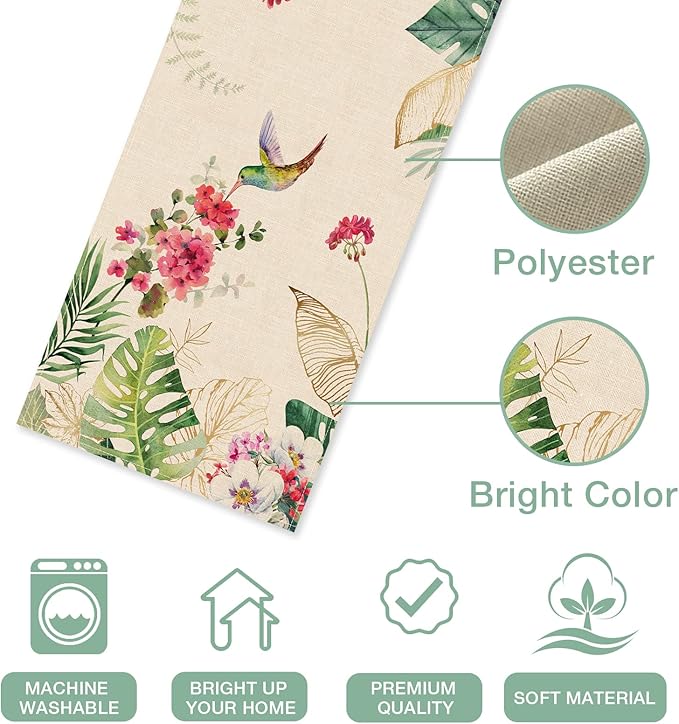 Seliem Summer Tropical Hummingbird Palm Leaf Greenery Table Runner, Spring Birds Home Kitchen Monstera Geranium Flowers Dining Decor, Seasonal Burlap Decorations Anniversary Party Supply 13 x 72 Inch