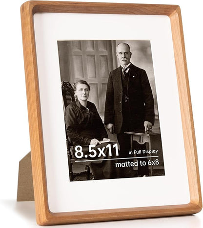 8.5x11 Picture Frame USA-Sourced Natural Cherry Wood Solid Original Wood Photo Frame Rounded Corner with Mat to 6x8 Picture Display with Real Glass Family Picture, Wedding Picture, Photo, Certificate