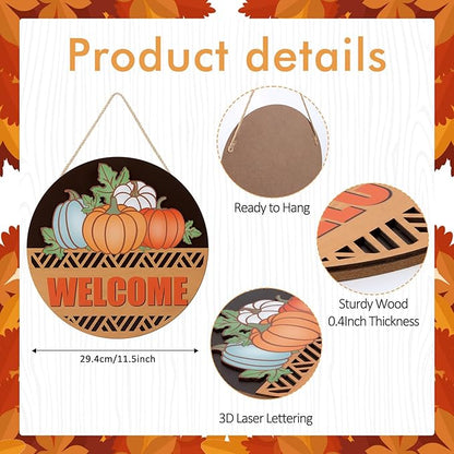CHDITB Fall Pumpkin Welcome Front Door Sign Wreath(12"x12"), Wooden 3D Hello Fall Autumn Decoration Wall Hanging, Farmhouse Vintage Welcome Home Decor Hanger for Porch Indoor Thanksgiving