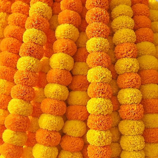 Marigold Garlands for Decorations Pack of 5 - Artificial Marigold Flowers for Decorations -Indian Decor for Pooja, Indian Flower Garland (Yellow Orange Combination | 4 to 4.5 Ft) Hashcart®