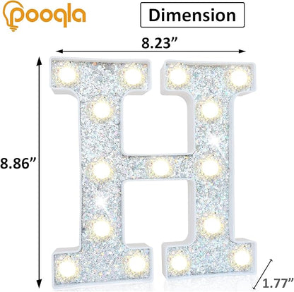 Pooqla Light Up Letters, LED Marquee Letters for Silver Birthday Decorations, Battery Powered Night Light Teenager Girl Room Decor, Gift for Girls Boys Wedding Bedroom Christmas Party Decor, Letter H