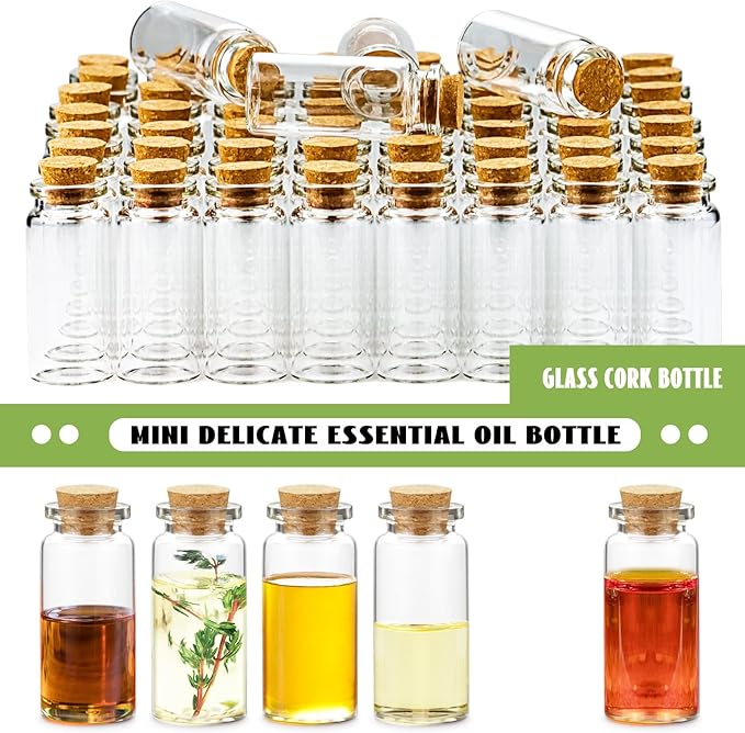 WFPLUS 60 Pcs 10ml Small Glass Bottles with Cork Stopper - DIY Mini Glass Jars, Tiny Clear Vials with Cork for Display Art Crafts Decoration Wedding Party Supplies
