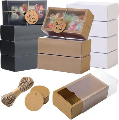 Roowest 50 Sets Kraft Soap Boxes Rectangle Packaging Box with Window Homemade Gift Box with Blank Tags and Jute String for Jewelry Candy Wrapping Party Favor(6.3 x 3.5 x 2 Inch,3 Colors)