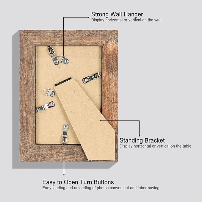 4x6 Picture Frame Set of 4, High Definition Real Glass Rustic Brown Frame, 4 x 6 Wood Photo Frames for Tabletop Display and Wall Mounting