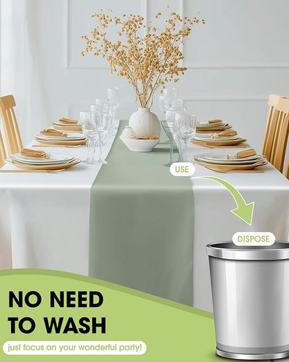 Pureegg Sage Green Plastic Table Runners - 10 Pack, 14'' x 108'', Water Resistant & Disposable Centerpiece Decorations for Table Cloth, Wedding, Birthday, Holiday, Baby Shower, Party, Home Decor