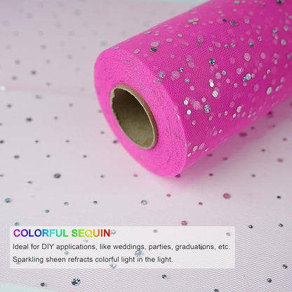 Glitter Tulle Rolls, 6' by 50 Yards (150FT) Sequin Tulle Netting Fabric for Tutu Skirts Sewing Birthday Wedding Party Decoration (Dark Pink)