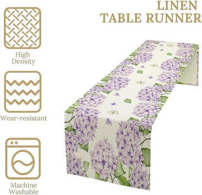 Watercolor Hydrangea Flower Table Runner, Spring Summer Seasonal Plants Butterfly Pink Lavender Dinner Runner for Home Kitchen Dining Table Party Holiday Decoration 13"x70"