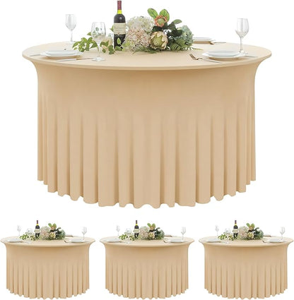4 Pack Champagne Spandex Round Tablecloths for 60inch Tables,120inch Stretch Fitted 5ft Table Cloth,Wrinkle Free Rund Table Covers with Skirt for Banquet Wedding Birthday Parties