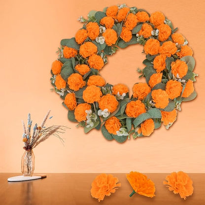 30 Pcs Artificial Marigold Flowers,3.54" Silk Marigold Flower Heads with Stems,Orange Flowers Artificial for Diwali Decor,Indian Wedding,Home,DIY Wreath Garland,Day of The Dead Decorations