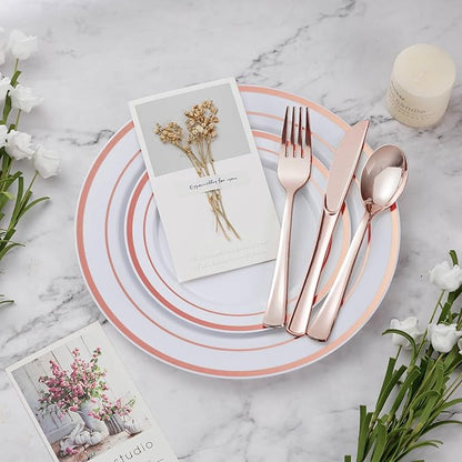 BESTVIP 300PCS Plastic Dinnerware Set (50 Guests), Rose Gold Disposable Plates for Party, Wedding, Christmas, Anniversary, Includes: Dinner Plates, Dessert Plates, Cups, Spoons, Forks and Knives