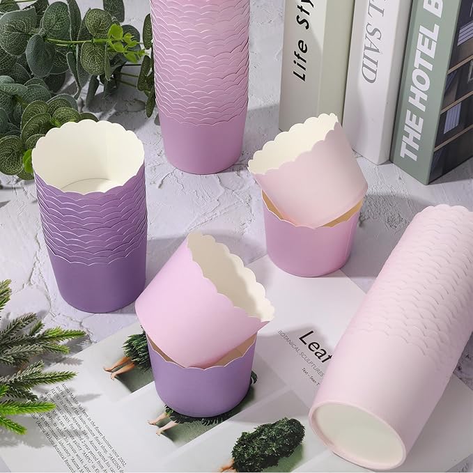 Whaline 120Pcs Purple Paper Baking Cups Scalloped Edge Cupcake Wrappers Gradient Purple Cupcake Muffin Cases for Wedding Birthday Baby Shower, 3 Colors