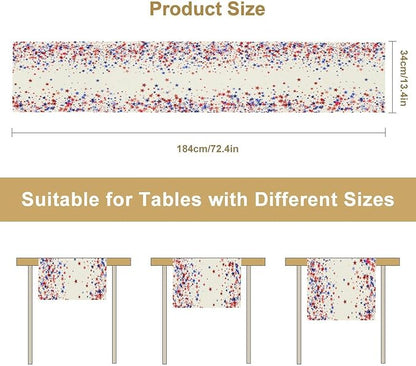 Independence Day Table Runner, 4th of July Red Blue Stars American President Day Holiday Confetti Print Table Cover for Kitchen Dining Table Indoor Outdoor Party, 13x90inch