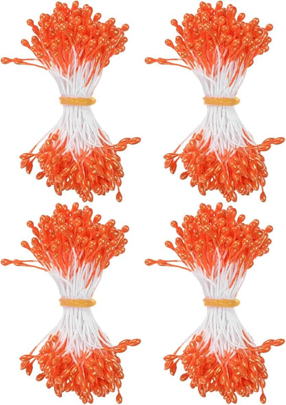 600-Pack Flower Stamens for Crafts, 5mm Double Heads Artificial Pearl Floral Pistil Mini Flower Pollens Stamens for DIY Making/Wedding/Scrapbook Decoration [Orange]
