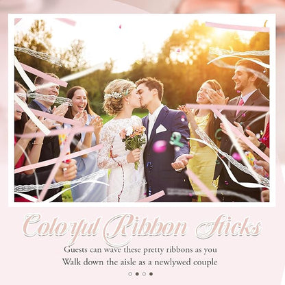 Taiyin 150 Pcs Lace Ribbon Stick Wands Wedding Wand Streamers with Bell Silk Ribbon Fairy Wand Wedding Send Off Streamer for Baby Shower Holiday Party Favors (Pink,Beige)