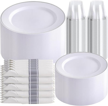 SUT 350 Pcs Silver Plastic Dinnerware Set for 50 Guests, Include: 50 Dinner Plates, 50 Dessert Plates, 50 Pre Rolled Napkins with Silver Silverware, 50 Cups, disposable plates for wedding, party