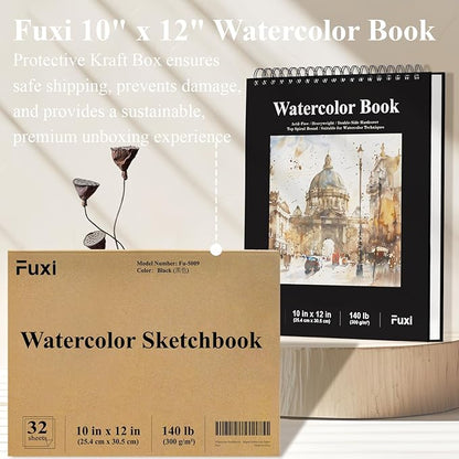 Watercolor Sketchbook 10"x12", 32 Sheets (64 Pages) Water Color Paper, 140lb/300gsm Watercolor Paper, Spiral Hardcover Watercolor Notebook for Painting, Water Color Sketch Books for Teens & Adults.