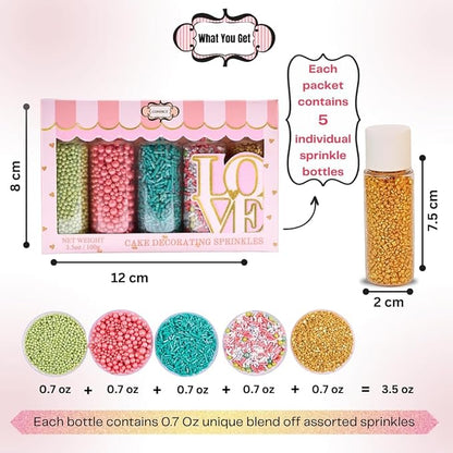 Confect Cool Mom Sprinkles Mix – 5 Pack Assorted Cake & Cupcake Decorations (Teal Jimmies, Green Dragees, Pink Pearls, Sparkling Gold Sugar) –Fun Dessert Toppings for Baking, Parties & Gifts – Vegan, Gluten-Free, Nut-Free, Soy-Free, Dairy-Free, Palm Oi...