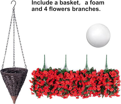 Artificial Fake Red Hanging Flowers Plants Baskets for Outdoor Winter Christmas, Faux Silk UV Resistant Look Real Morning Glory Vines for Outside Porch Patio Balcony Garden Yard Home Decor