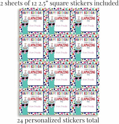 Custom & Personalized Llamazing Llama Happy Birthday Gift Tag Sticker Labels, 24 2.5" Square Stickers by Amanda Creation