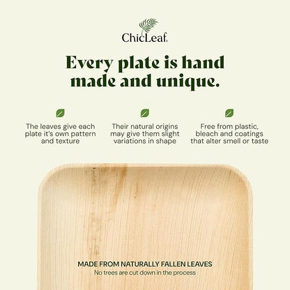 Chic Leaf Compostable & Biodegradable Palm Leaf Disposable Bamboo Plates - Disposable Party Plates for Appetizers - Camping Essentials - Reusable Party Supplies (10 & 7 Inch Square)
