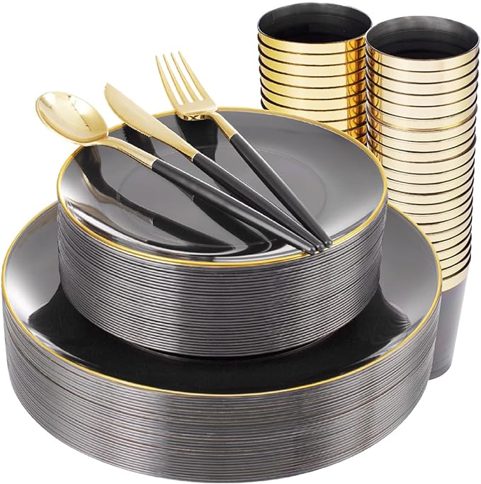Supernal 180pcs Black Plastic Dinnerware Set Include Gold and Black Plates,Clear Disposable Plates,Gold Plastic Silverware，Clear Cups Suit for Party, Birthday