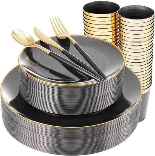 Supernal 180pcs Black Plastic Dinnerware Set Include Gold and Black Plates,Clear Disposable Plates,Gold Plastic Silverware，Clear Cups Suit for Party, Birthday